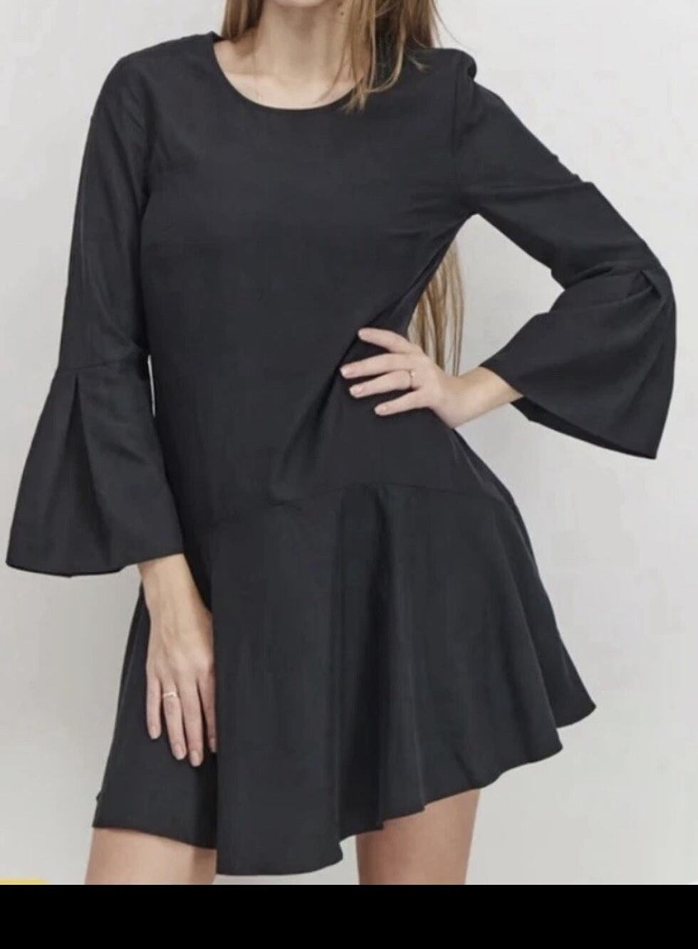 NWT Avec Les Filles XL Black Bell Sleeve Drop Waist Ruffle Mini Dress Modal